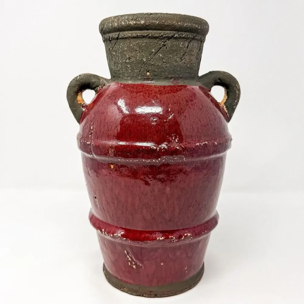 Vintage Rustic Studio Pottery Vase Oxblood Red Folk Art Handcrafted 12”